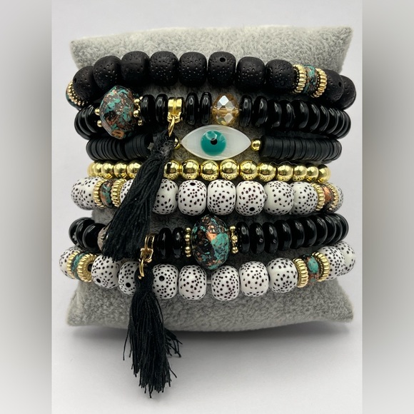 Stylish Boho Chic Gold & Black Stacked Bracelets -Trendy Mixed Style Bracelets - Picture 6 of 17